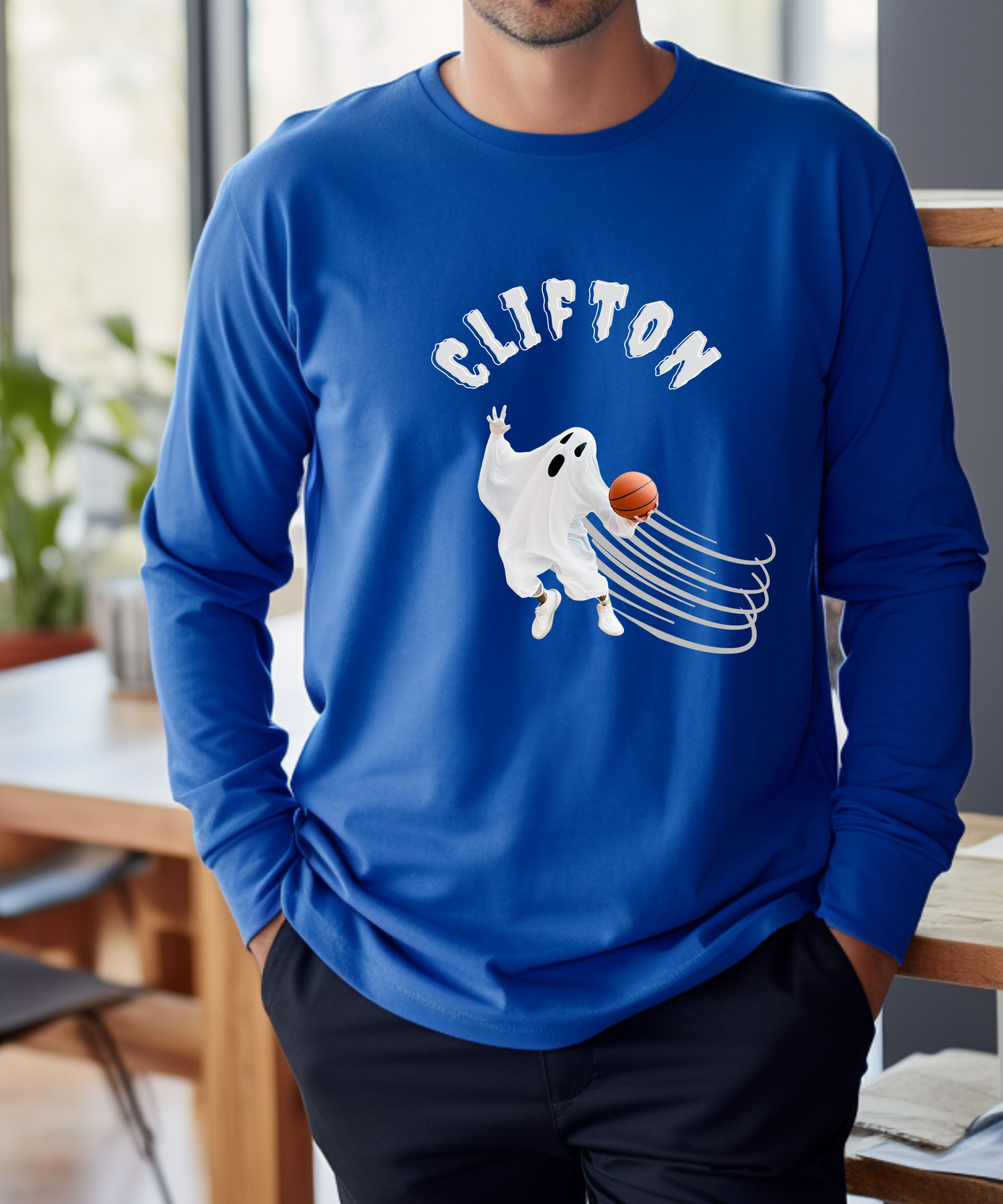 Personalized Basketball Ghost for Halloween Fun Long Sleeve Tee Shirt - Men's