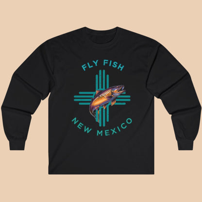 Fly Fish New Mexico Distressed Long Sleeve Tee Turquoise Zia with Brown Trout - Women's