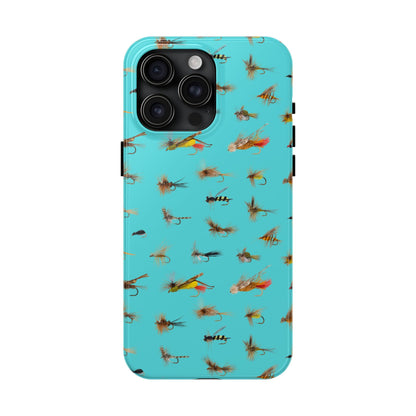 Dry Fly Fishing Lures on Turquoise Tough Phone Case for iPhone and Samsung Smartphones