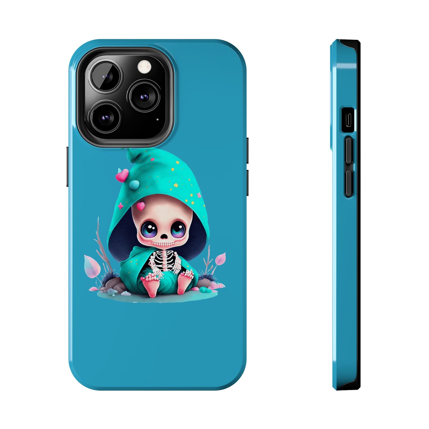 Phone Case - Creepy, But Cute Skeleton in Turquoise Hoodie Design for iPhone and Samsung Smartphones