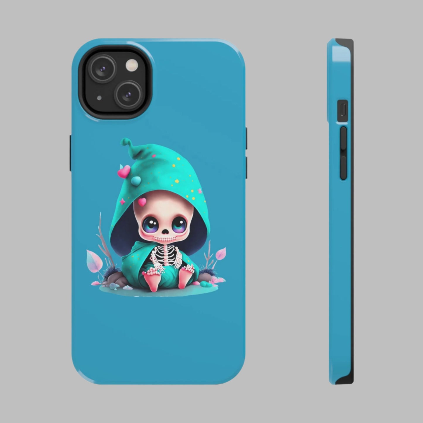 Phone Case - Creepy, But Cute Skeleton in Turquoise Hoodie Design for iPhone and Samsung Smartphones