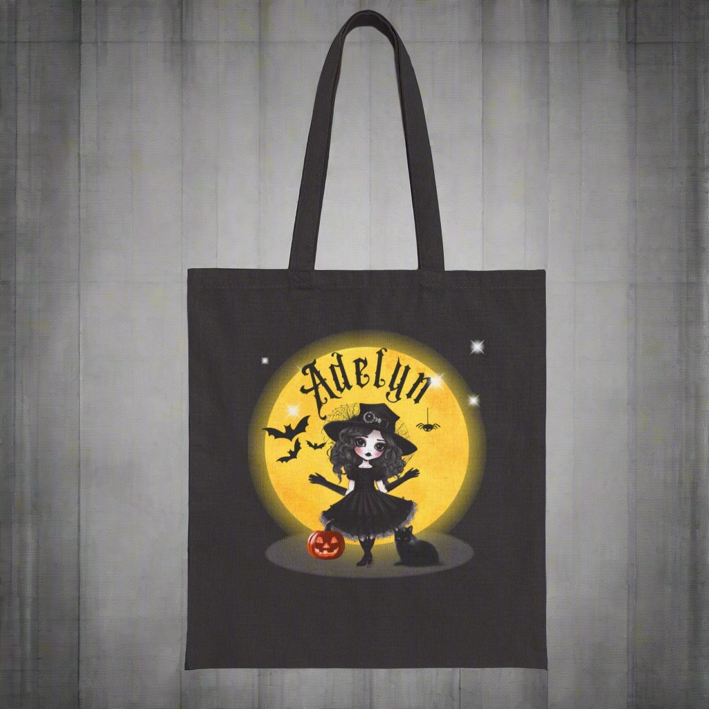 Personalized Halloween Tote Bag with Girl and Black Cat Design Front and Back Design