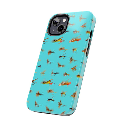 Dry Fly Fishing Lures on Turquoise Tough Phone Case for iPhone and Samsung Smartphones