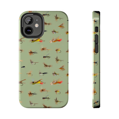 Dry Fly Fishing Lures on Olive Green  - Tough Phone Case for iPhone and Samsung Smartphones