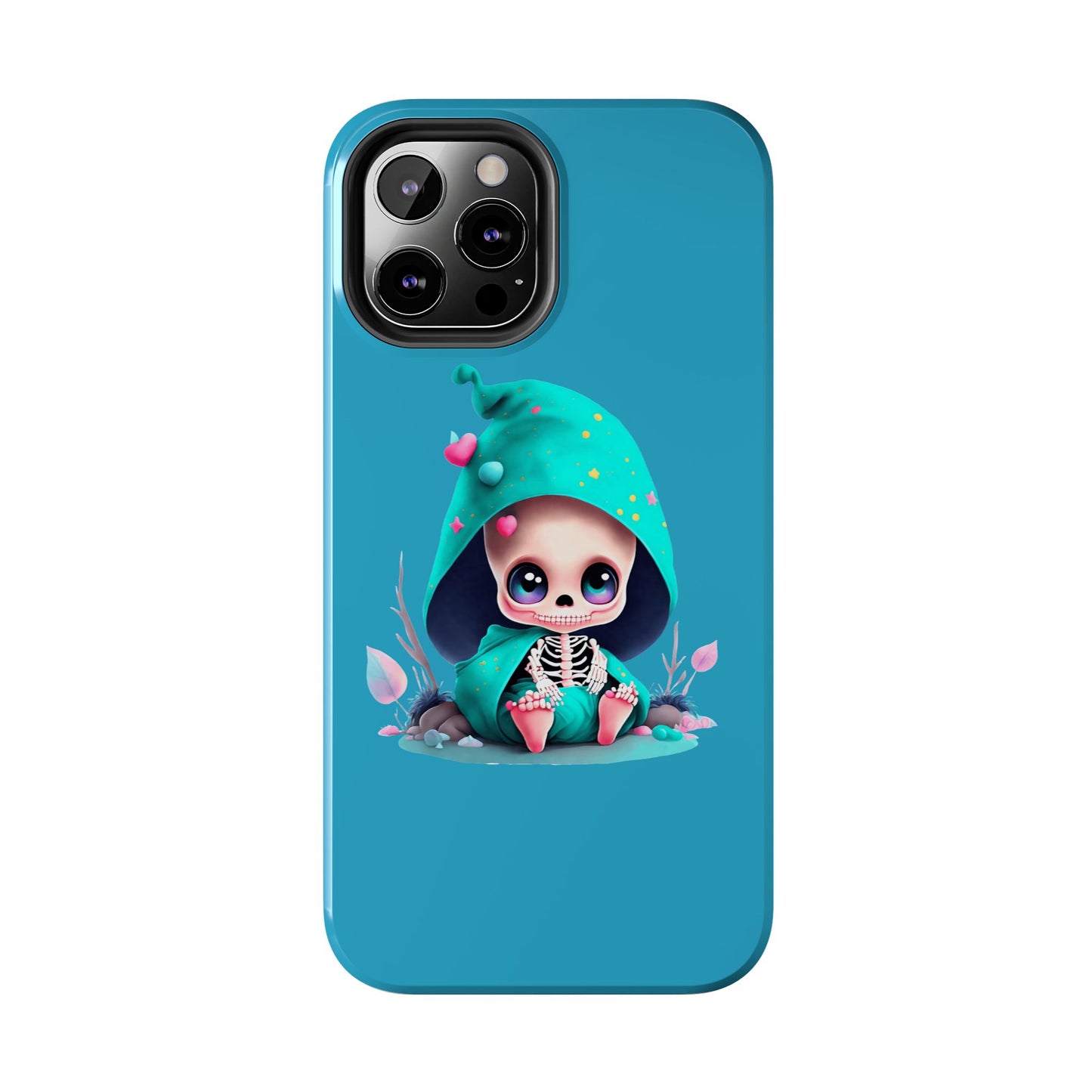 Phone Case - Creepy, But Cute Skeleton in Turquoise Hoodie Design for iPhone and Samsung Smartphones