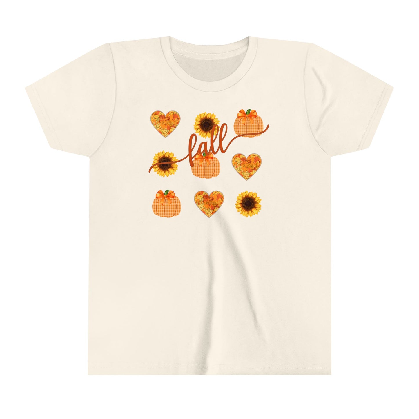 Fall T - Shirt with Hearts, Pumpkins, and Sunflowers Youth Short Sleeve Tee