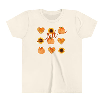 Fall T - Shirt with Hearts, Pumpkins, and Sunflowers Youth Short Sleeve Tee