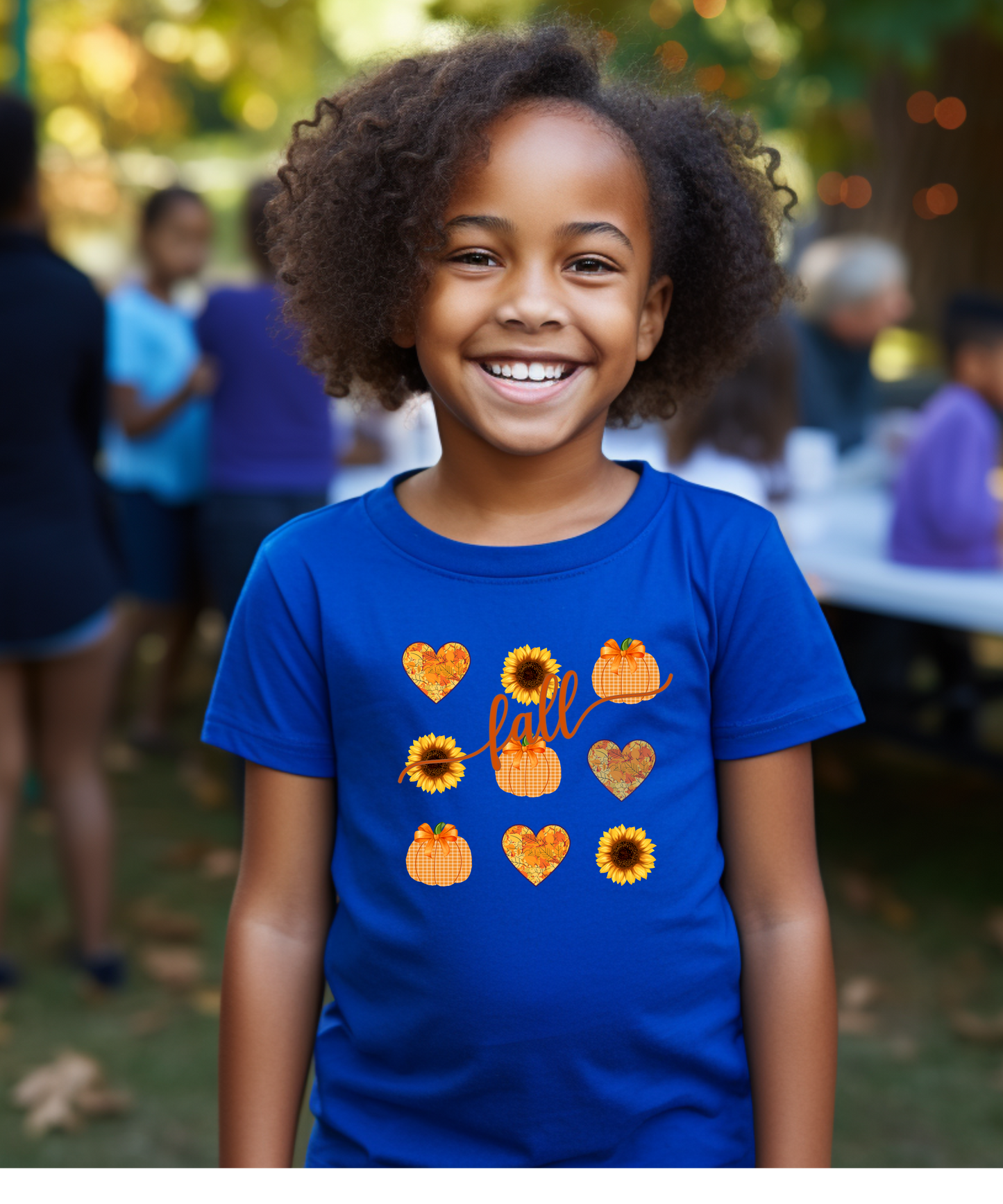 Fall T - Shirt with Hearts, Pumpkins, and Sunflowers Youth Short Sleeve Tee