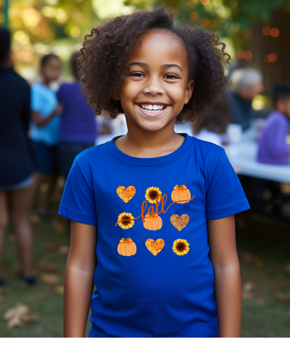 Fall T - Shirt with Hearts, Pumpkins, and Sunflowers Youth Short Sleeve Tee