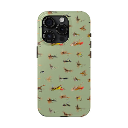 Dry Fly Fishing Lures on Olive Green  - Tough Phone Case for iPhone and Samsung Smartphones