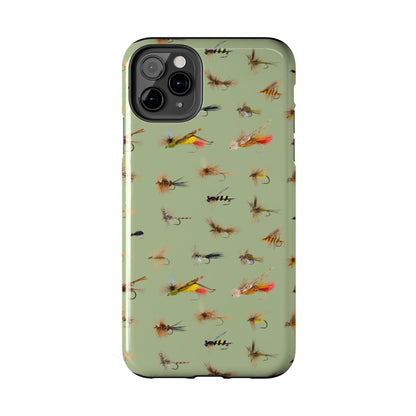 Dry Fly Fishing Lures on Olive Green  - Tough Phone Case for iPhone and Samsung Smartphones