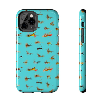 Dry Fly Fishing Lures on Turquoise Tough Phone Case for iPhone and Samsung Smartphones