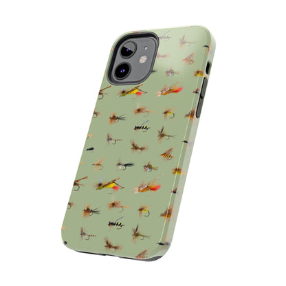 Dry Fly Fishing Lures on Olive Green  - Tough Phone Case for iPhone and Samsung Smartphones