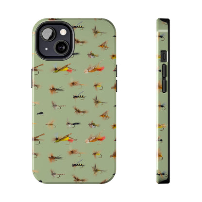 Dry Fly Fishing Lures on Olive Green  - Tough Phone Case for iPhone and Samsung Smartphones