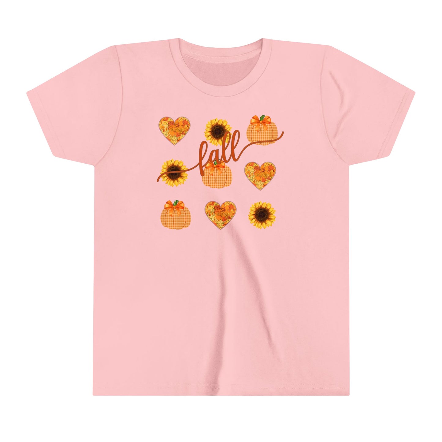 Fall T - Shirt with Hearts, Pumpkins, and Sunflowers Youth Short Sleeve Tee