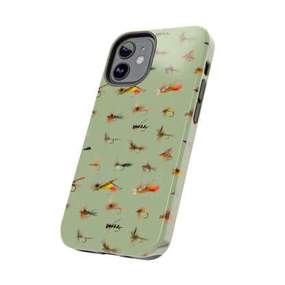 Dry Fly Fishing Lures on Olive Green  - Tough Phone Case for iPhone and Samsung Smartphones