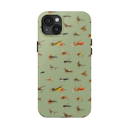 Dry Fly Fishing Lures on Olive Green  - Tough Phone Case for iPhone and Samsung Smartphones