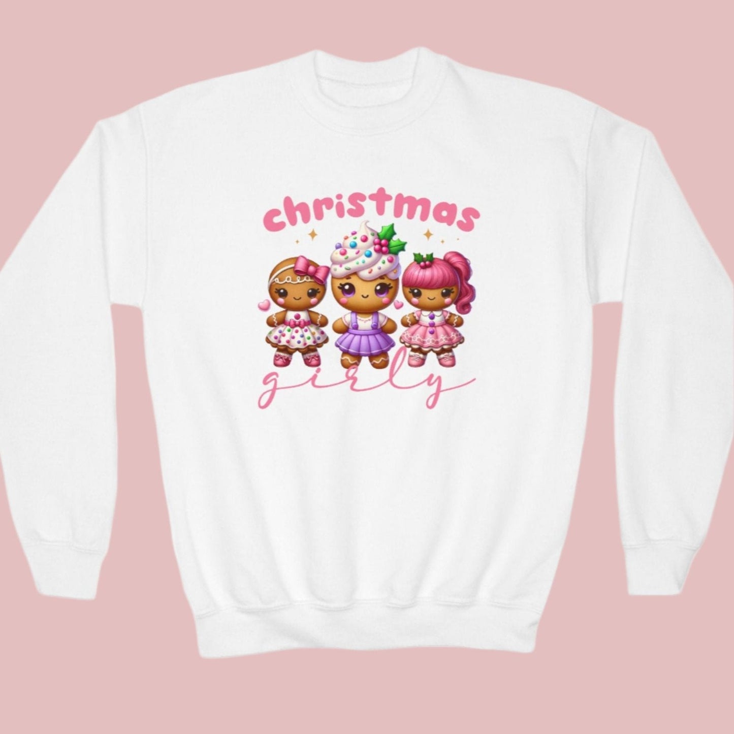 Christmas Girly Youth Crewneck Sweatshirt with Gingerbread People Decoration