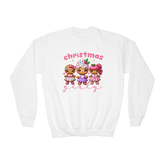 Christmas Girly Youth Crewneck Sweatshirt with Gingerbread People Decoration