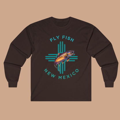 Fly Fish New Mexico Distressed Long Sleeve Tee Turquoise Zia with Brown Trout - Women's