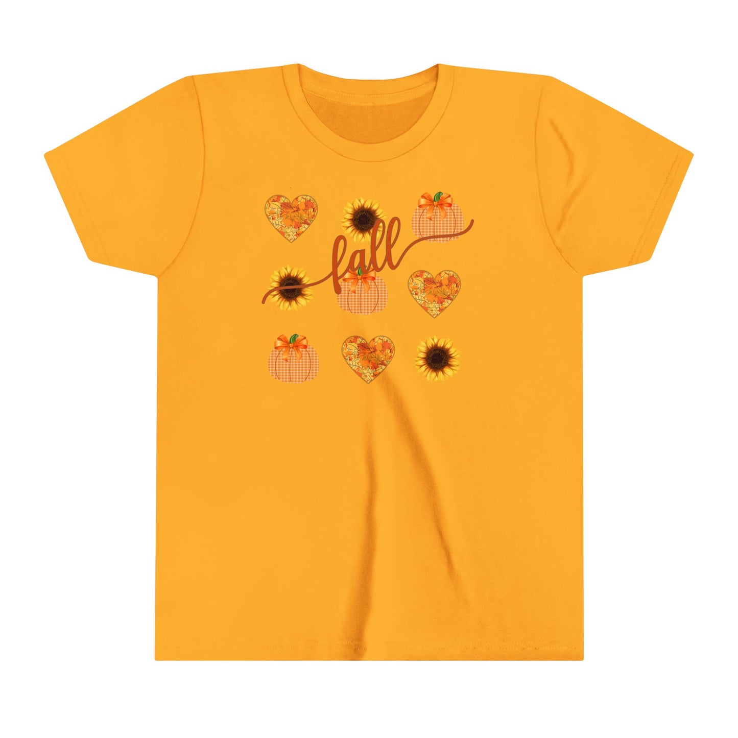 Fall T - Shirt with Hearts, Pumpkins, and Sunflowers Youth Short Sleeve Tee