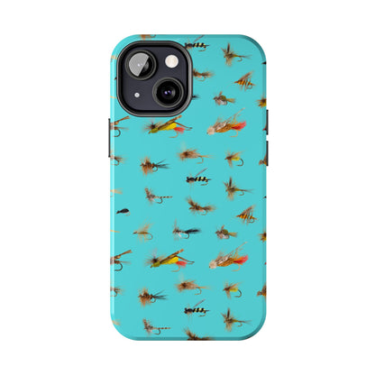 Dry Fly Fishing Lures on Turquoise Tough Phone Case for iPhone and Samsung Smartphones