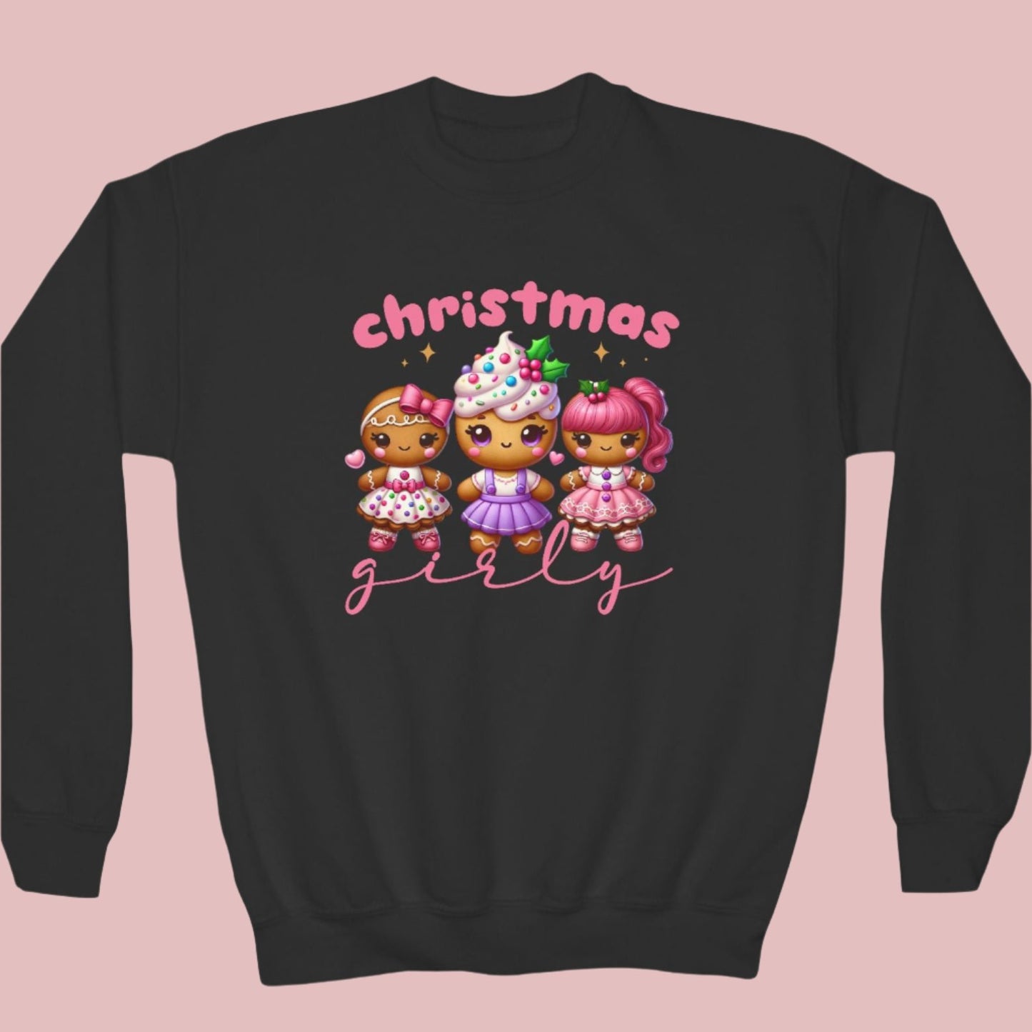 Christmas Girly Youth Crewneck Sweatshirt with Gingerbread People Decoration