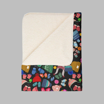 Beanies, Trappers, Mittens, and Pom-Poms Fleece Sherpa Blanket - Cozy, Comfy, and Colorful