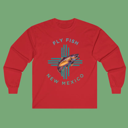 Fly Fish New Mexico Distressed Long Sleeve Tee Turquoise Zia with Brown Trout - Women's