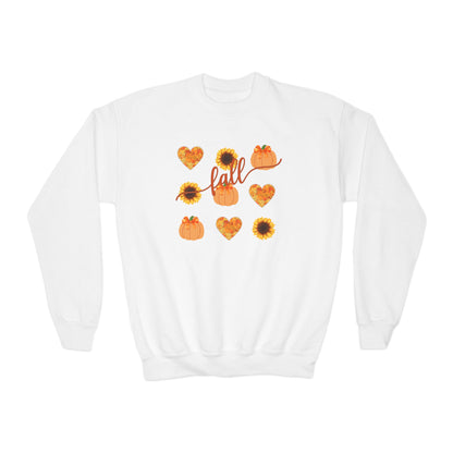 Youth Fall Hearts Pumpkins Sunflowers Crewneck Sweatshirt