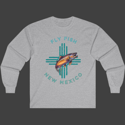 Fly Fish New Mexico Distressed Long Sleeve Tee Turquoise Zia with Brown Trout - Women's