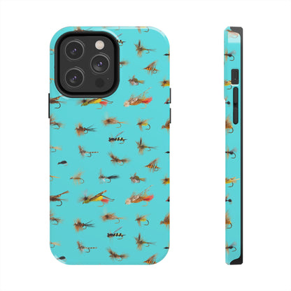 Dry Fly Fishing Lures on Turquoise Tough Phone Case for iPhone and Samsung Smartphones