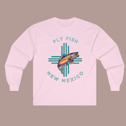 Fly Fish New Mexico Distressed Long Sleeve Tee Turquoise Zia with Brown Trout - Women's