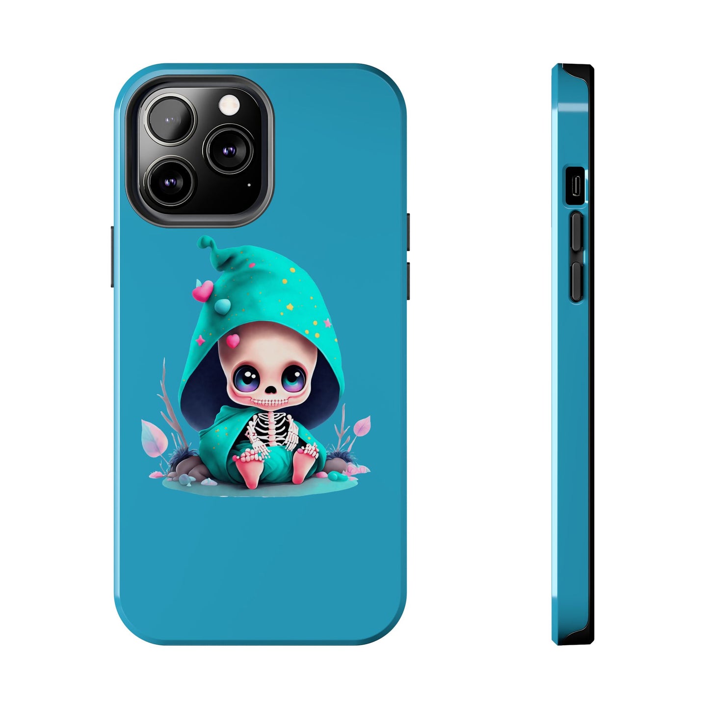 Phone Case - Creepy, But Cute Skeleton in Turquoise Hoodie Design for iPhone and Samsung Smartphones