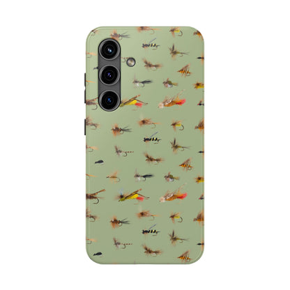 Dry Fly Fishing Lures on Olive Green  - Tough Phone Case for iPhone and Samsung Smartphones