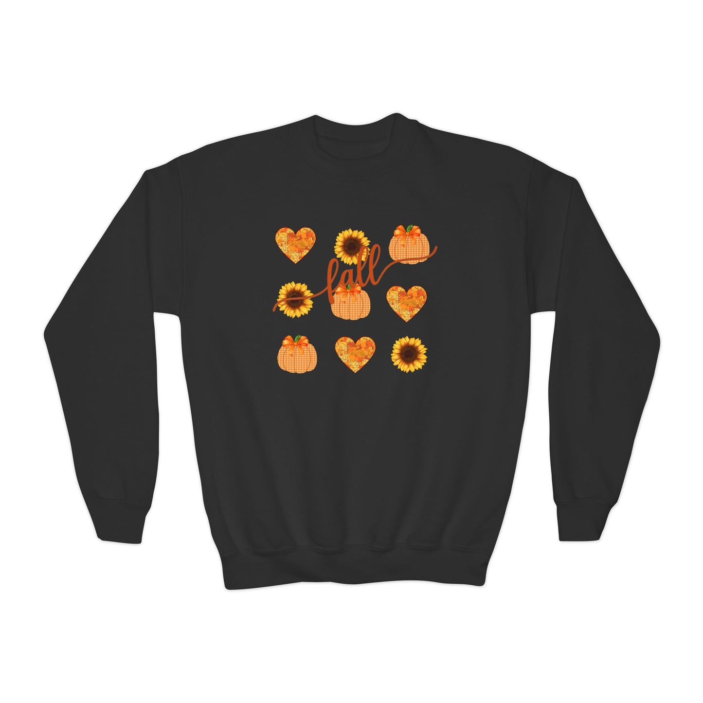 Youth Fall Hearts Pumpkins Sunflowers Crewneck Sweatshirt