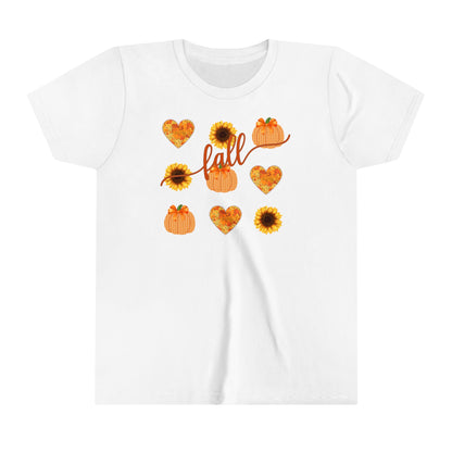 Fall T - Shirt with Hearts, Pumpkins, and Sunflowers Youth Short Sleeve Tee