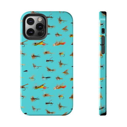 Dry Fly Fishing Lures on Turquoise Tough Phone Case for iPhone and Samsung Smartphones