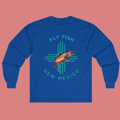 Fly Fish New Mexico Distressed Long Sleeve Tee Turquoise Zia with Brown Trout - Women's