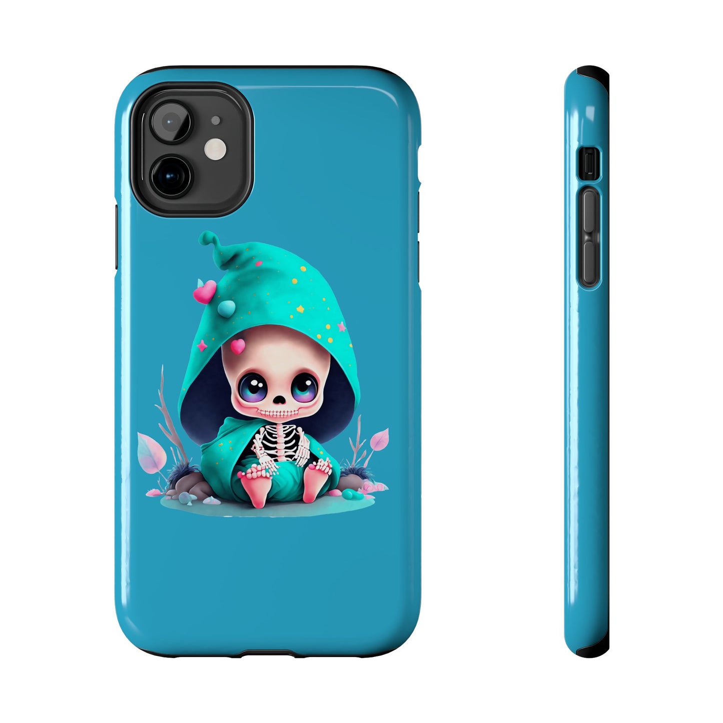 Phone Case - Creepy, But Cute Skeleton in Turquoise Hoodie Design for iPhone and Samsung Smartphones