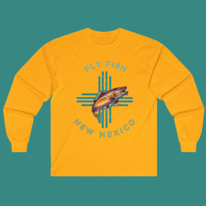 Fly Fish New Mexico Distressed Long Sleeve Tee Turquoise Zia with Brown Trout - Women's