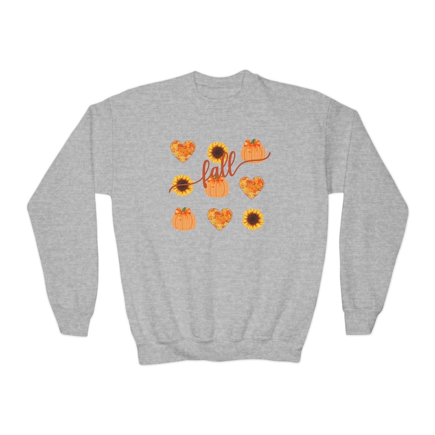 Youth Fall Hearts Pumpkins Sunflowers Crewneck Sweatshirt