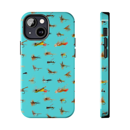 Dry Fly Fishing Lures on Turquoise Tough Phone Case for iPhone and Samsung Smartphones