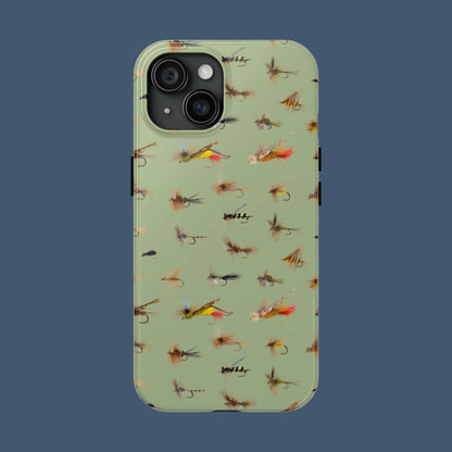 Dry Fly Fishing Lures on Olive Green  - Tough Phone Case for iPhone and Samsung Smartphones