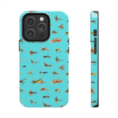 Dry Fly Fishing Lures on Turquoise Tough Phone Case for iPhone and Samsung Smartphones