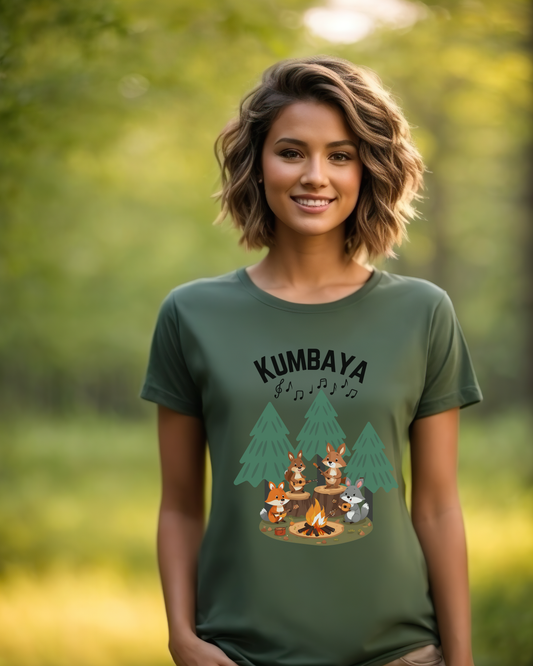 Playful Camping Tee Kumbaya Singing around the Campfire -Women's