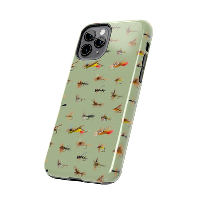 Dry Fly Fishing Lures on Olive Green  - Tough Phone Case for iPhone and Samsung Smartphones