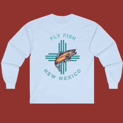 Fly Fish New Mexico Distressed Long Sleeve Tee Turquoise Zia with Brown Trout - Women's