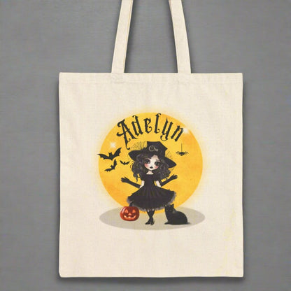 Personalized Halloween Tote Bag with Girl and Black Cat Design Front and Back Design