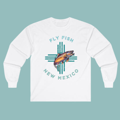 Fly Fish New Mexico Distressed Long Sleeve Tee Turquoise Zia with Brown Trout - Women's